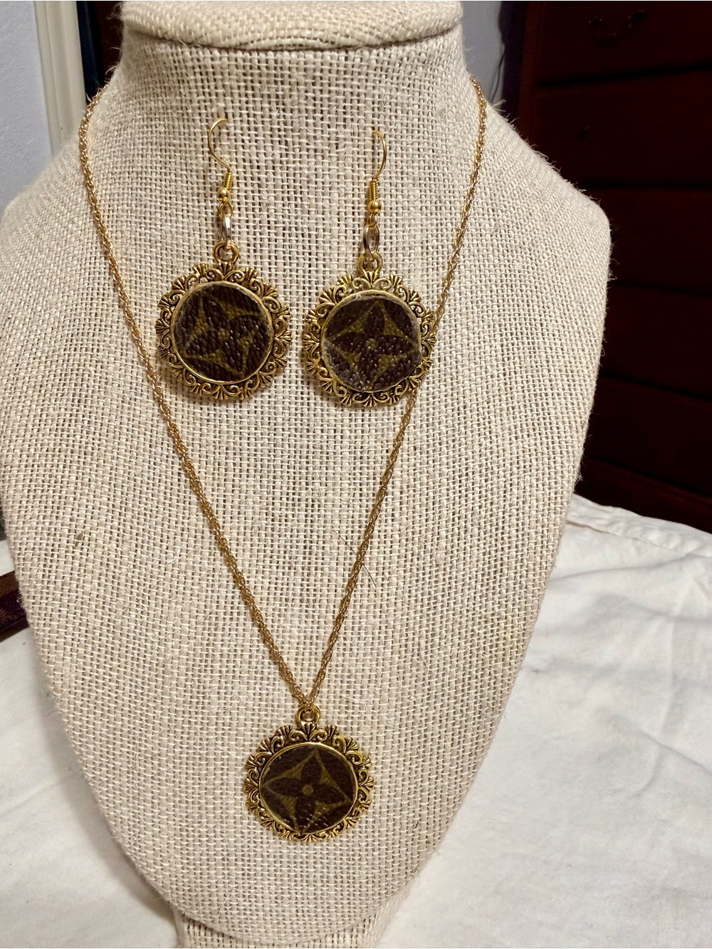 Upcycled Gold-Tone Brown Floral Medallion Necklace & Earring Statement Set